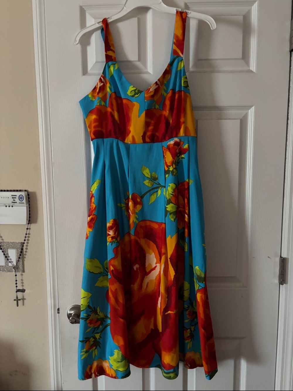 New York & Company Turquoise Floral Midi Dress with Red & Yellow Accents
